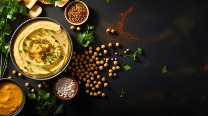 Obraz na płótnie Canvas a bowl of hummus next to a bowl of chickpeas and chickpeas on a black surface.