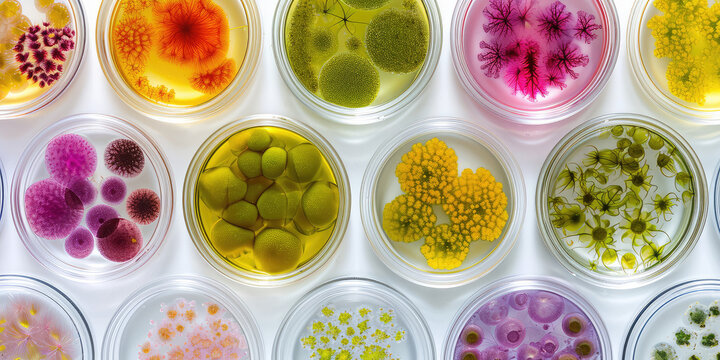 Microalgae Variety in Laboratory Petri Dishes wallpaper pattern. Top view of diverse multicolored microalgae samples in scientific petri dishes on white background.