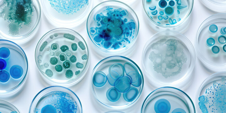 Microalgae Variety in Laboratory Petri Dishes wallpaper pattern. Top view of diverse blue microalgae samples in scientific petri dishes on white background.