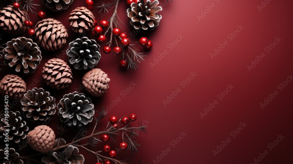Aufkleber a bunch of pine cones and berries on a red background with a place for a text or an image with a pla