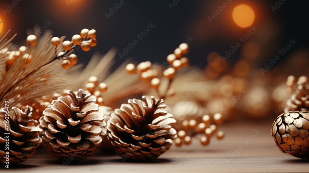 Poster a group of pine cones sitting on top of a table next to a bunch of small pine cones on top of a tabl