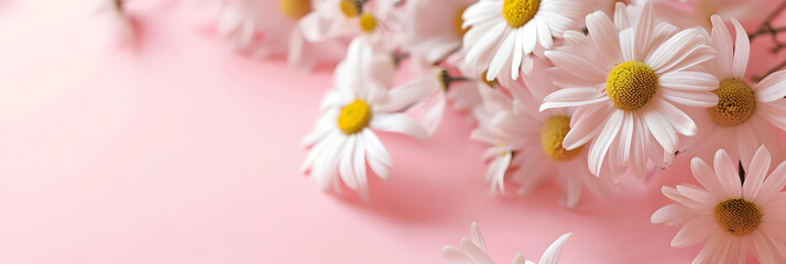 White daisies on a soft pink background with copy space. Women's Day, Valentine's Day and romantic anniversaries. Banner