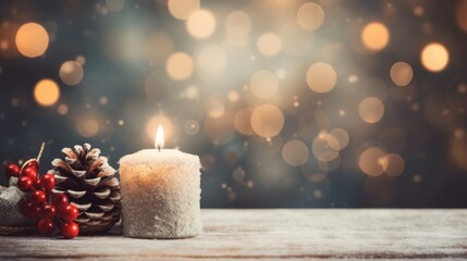  a lit candle next to a pine cone and a christmas decoration on a wooden table with blurry lights in the background.