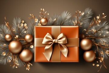  a gift box with a bow and a pine branch on a brown background with golden baubles and cones.