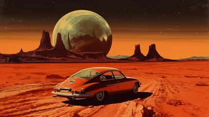 Keuken spatwand met foto An illustration of a retro car in a sci-fi style against a beautiful landscape © CaptainMCity