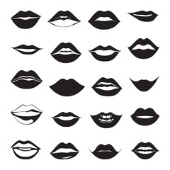 Human mouth icon set. Black lips collection  isolated on white background. Vector illustration.

