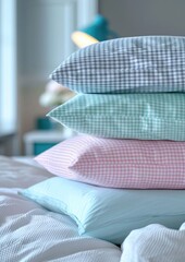 Fototapeta na wymiar a stack of pillows. pillowcases in pastel blue, pink, mint colors with small checks and stripes on a white background of a blurred bedroom.