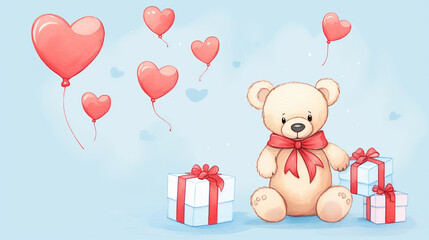 Teddy Bear with Red Hearts and Gift, Cute teddy bear holding red hearts next to a gift box on a pastel blue background, AI Generated