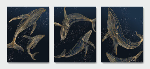 Set of dark art backgrounds with hand-drawn whales in golden line style. Vector posters with whales in the sea for decoration, print, textiles, wallpaper, interior design, packaging.