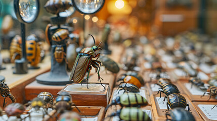 Exotic beetle on display in entomology collection. Close-up of insect specimen. Natural history and science education concept for design and print
