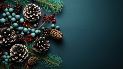  a blue background with pine cones, berries, and berries on the branches of a pine tree with cones and berries on the branches.
