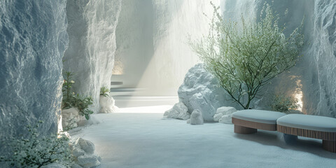 Serenity white Salt Room in Modern Wellness Spa. Tranquil salt therapy room with glowing walls and minimalistic bed setup for relaxation.