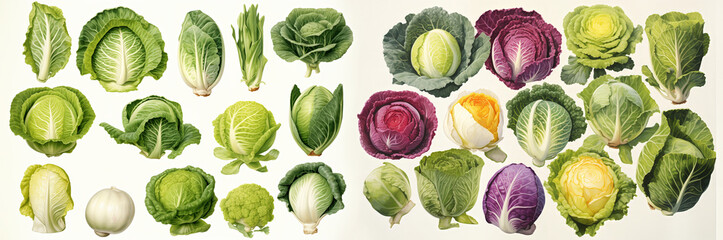 Raw food illustration. Watercolor cabbage varieties set on white background. - obrazy, fototapety, plakaty