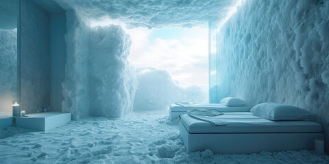 Serenity blue Salt Room in Modern Wellness Spa. Tranquil salt therapy room with glowing walls and minimalistic bed setup for relaxation.
