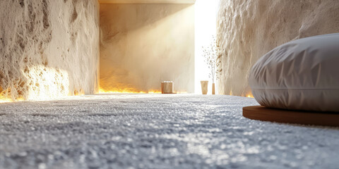 Serenity Salt Room in Modern Wellness Spa. Tranquil salt therapy room with glowing walls and minimalistic bed setup for relaxation.