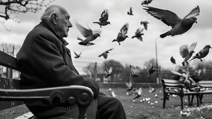 Old man feeding pigeons  - obrazy, fototapety, plakaty