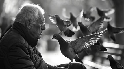 Old man feeding pigeons  - obrazy, fototapety, plakaty