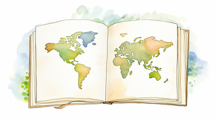 Top view of open book with illustrated world map cartoon drawing, AI Generated