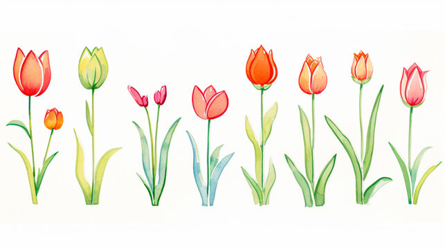 Tulips and food, Cartoon drawing, Water color style, AI Generated