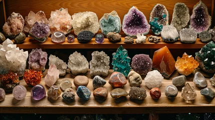 Selbstklebende Fototapeten Extensive collection of various gemstones and minerals. Display for educational purposes. Gemology and natural science concept for design and print  © Alexey