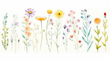 Wildflowers, Cartoon drawing, Water color style, AI Generated - obrazy, fototapety, plakaty