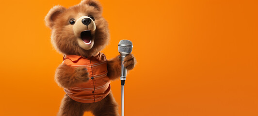 A bear sings into a microphone against an orange background, generative AI
