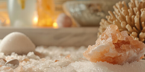 Natural Salt Crystals. Close-up of raw salt crystals pile, goods for spa and relax.