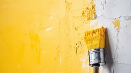  a paintbrush on a yellow painted wall with a white paint roller on the side of the wall and a yellow paint roller on the other side of the wall.