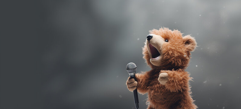 Bear with microphone on gray background, generative AI