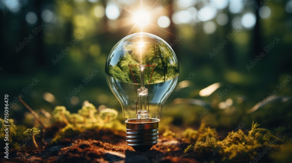 Poster a light bulb with a picture of a tree inside of it sitting on the ground in the middle of a forest.