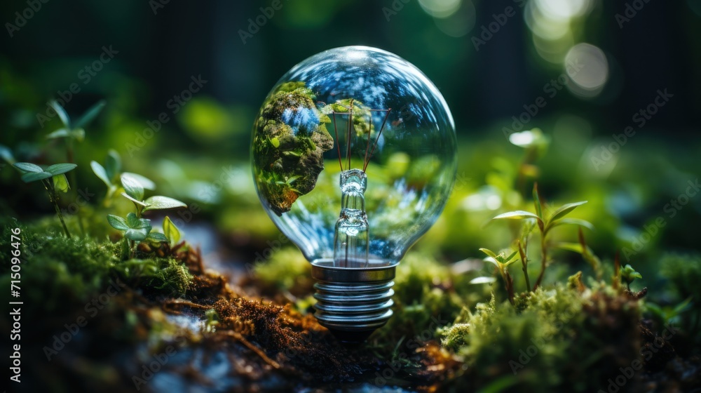Poster a light bulb sitting in the middle of a moss covered ground with a picture of a tree inside of it.