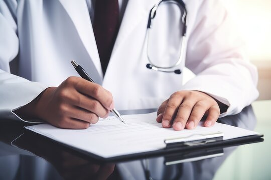  a close up of a person writing on a piece of paper with a stethoscope on top of it.