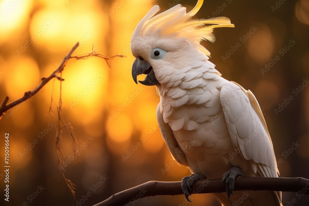 Poster a close up of a bird on a tree branch with a blurry background of trees and a yellow sky.