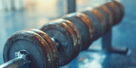 Close-up of old metal dumbbell with a textured grip on a simple background, fitness and strength...
