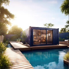 Converted old shipping container into house with swimming pool