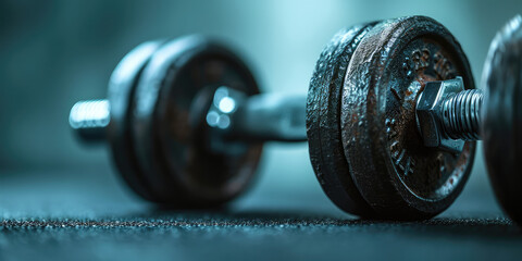Close-up of metal dumbbell with a textured grip on a blue background, fitness and strength training...