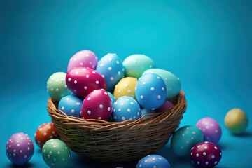  a basket filled with colorful eggs on top of a blue table next to a pile of smaller eggs on top of a blue table.