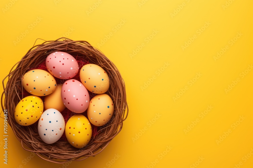 Poster a bird's nest filled with painted eggs on a yellow background with space for a text or an image.