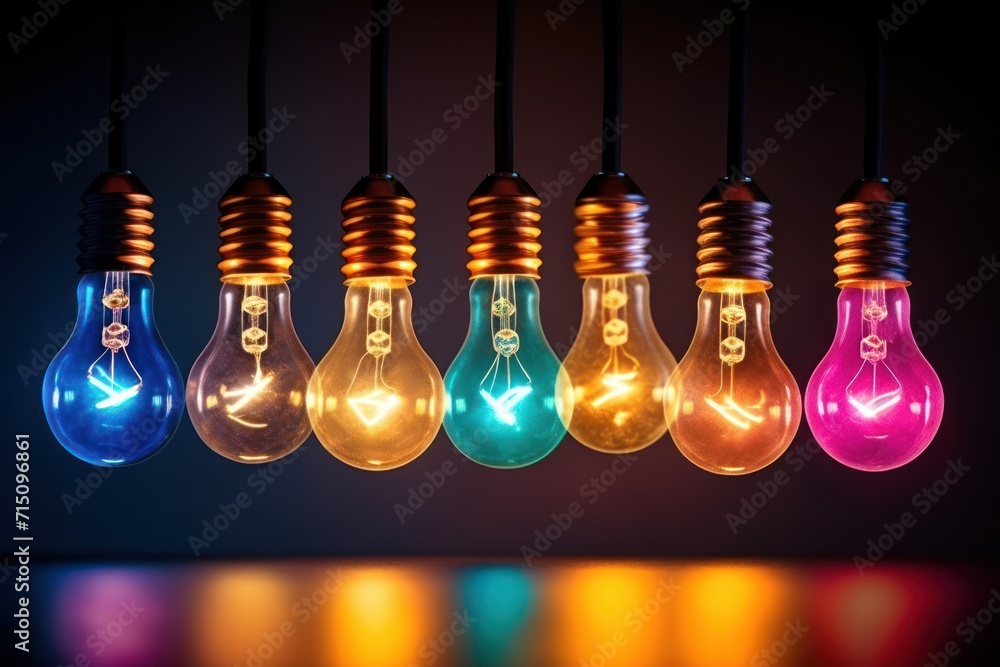 Poster a row of multicolored light bulbs hanging from a line on a black background with a reflection on the