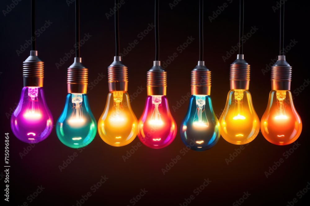 Aufkleber a group of multicolored light bulbs hanging in a row on a black background with a red light in the m