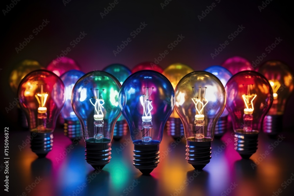 Poster a group of multicolored light bulbs sitting next to each other on top of a black table in front of a