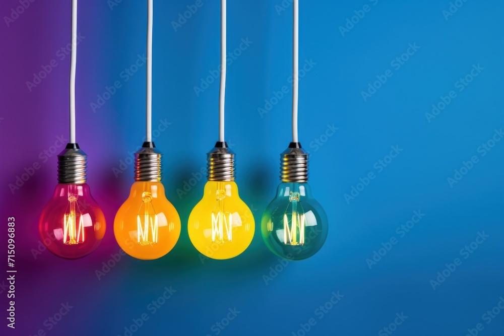 Poster a group of light bulbs hanging from a string on a blue and purple background with the letters m and 