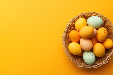  a basket filled with lots of colorful eggs on top of a bright yellow background