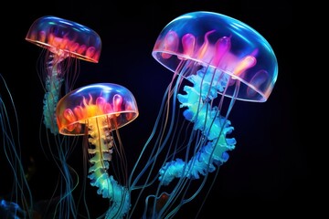  a group of jellyfish floating on top of a body of water next to each other on a black background.