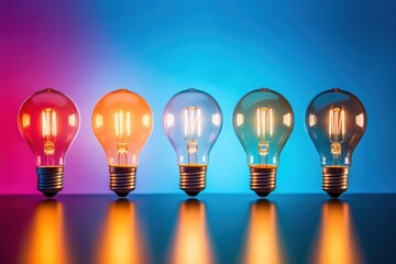  a row of light bulbs sitting next to each other on top of a blue and purple surface with a bright colored background.