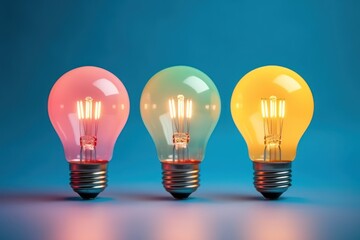  a group of three light bulbs sitting next to each other on top of a blue surface in front of a blue background.