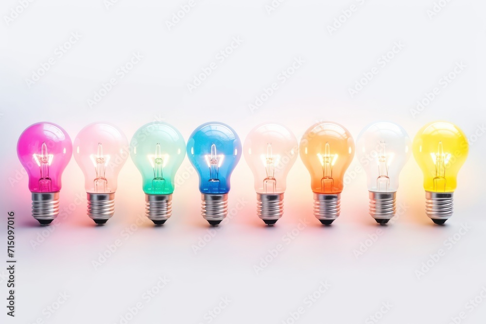 Poster a row of multicolored light bulbs sitting next to each other on a white surface in front of a white 
