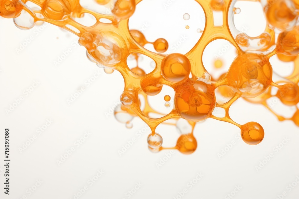 Poster a group of bubbles floating in a liquid filled with orange and white bubbles on a white background w