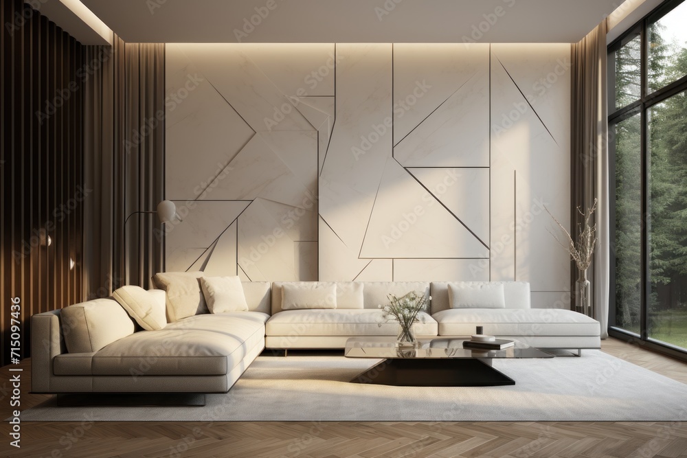 Aufkleber a living room with a sectional couch and a coffee table in front of a large window with a view of a 