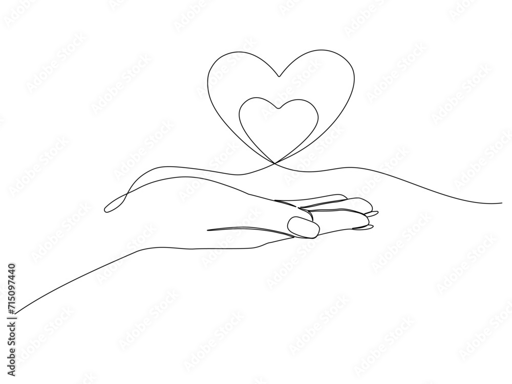 Wall mural One continuous line drawing of hand holding two heart. Vector illustration